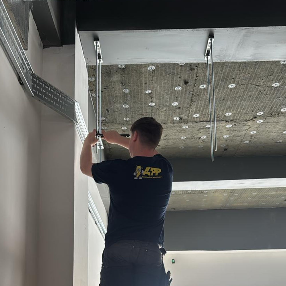 Emergency lighting installation in commercial south wales office property by APP Electrical.
