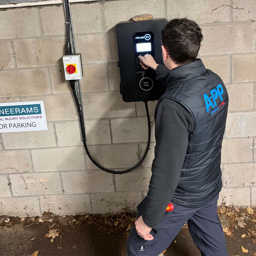 EV Charging point installed in South Wales by APP Electrical for commercial business.